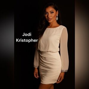 JODI KRISTOPHER WOMENS SIZE MEDIUM COCKTAIL DRESS WHITE ADORNED WITH RHINESTONE
